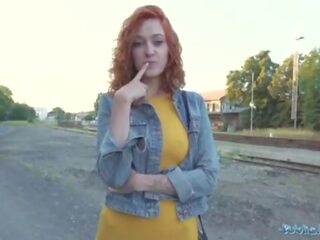 Public Agent provocative redhead waitress sucks cock and gets fucked doggystyle outside in public